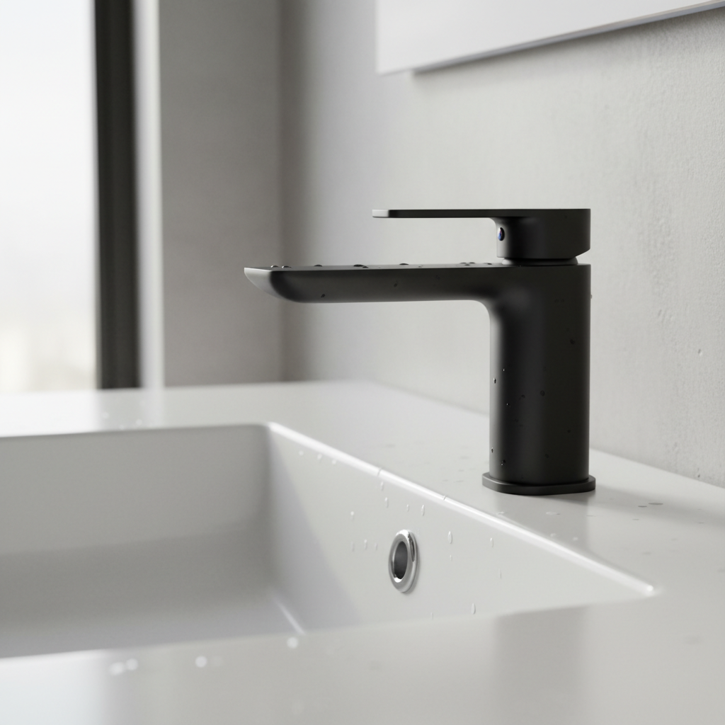 Miscelatore Grohe nero opaco installato su lavabo bianco